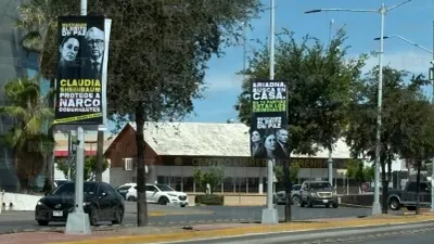 Colocan pendones contra Sheinbaum y Rocha Moya en Chihuahua