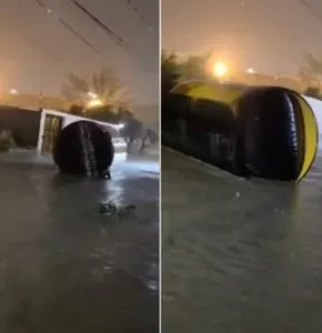 Arrastra lluvia estructura cilíndrica por calles de la Sara Lugo