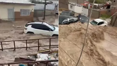 Arrastra corriente cuatro autos en la Santiago