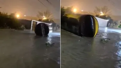 Arrastra lluvia estructura cilíndrica por calles de la Sara Lugo