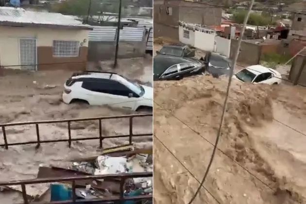 Arrastra corriente cuatro autos en la Santiago