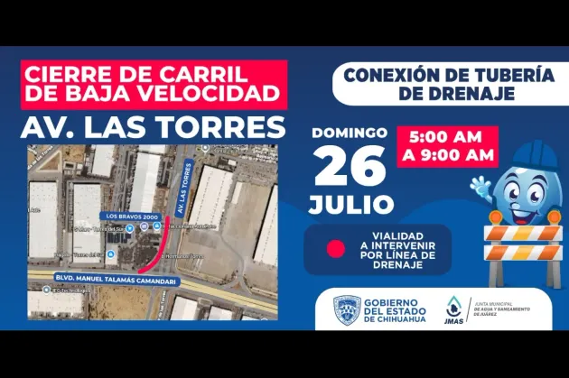 Anuncian cierre de carril en Las Torres por conexión de drenaje el domingo