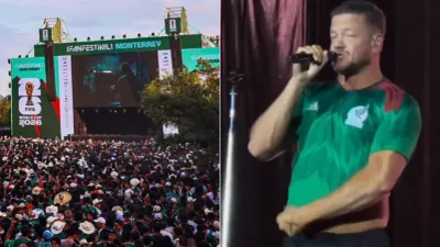 Canta Dan Reynolds el Cielito Lindo con playera de México en Monterrey