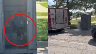 Captan en video rescate de un hombre atorado en baño portátil; tuvieron que bañarlo
